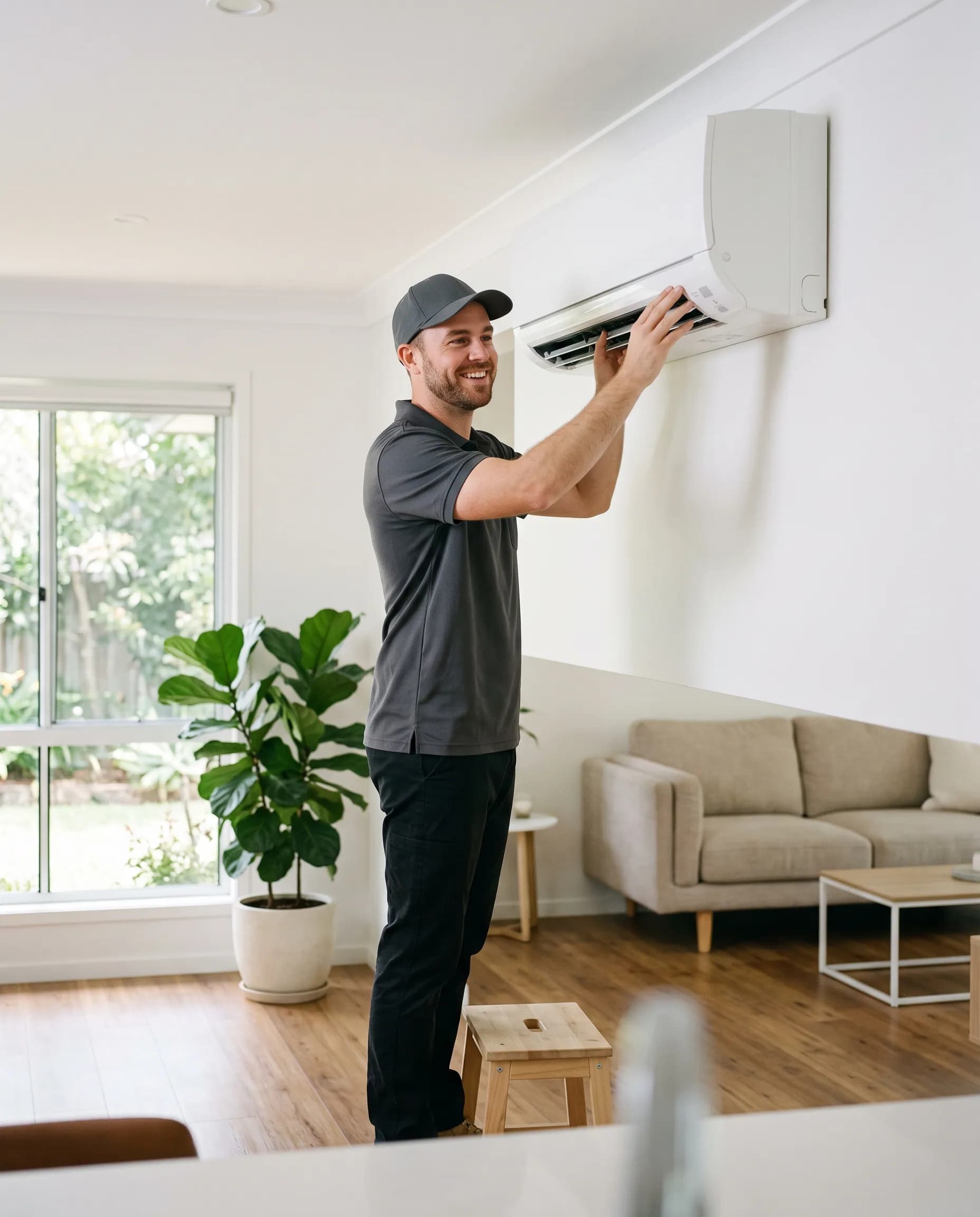 A technician installing a wall-mounted split-system air conditioner