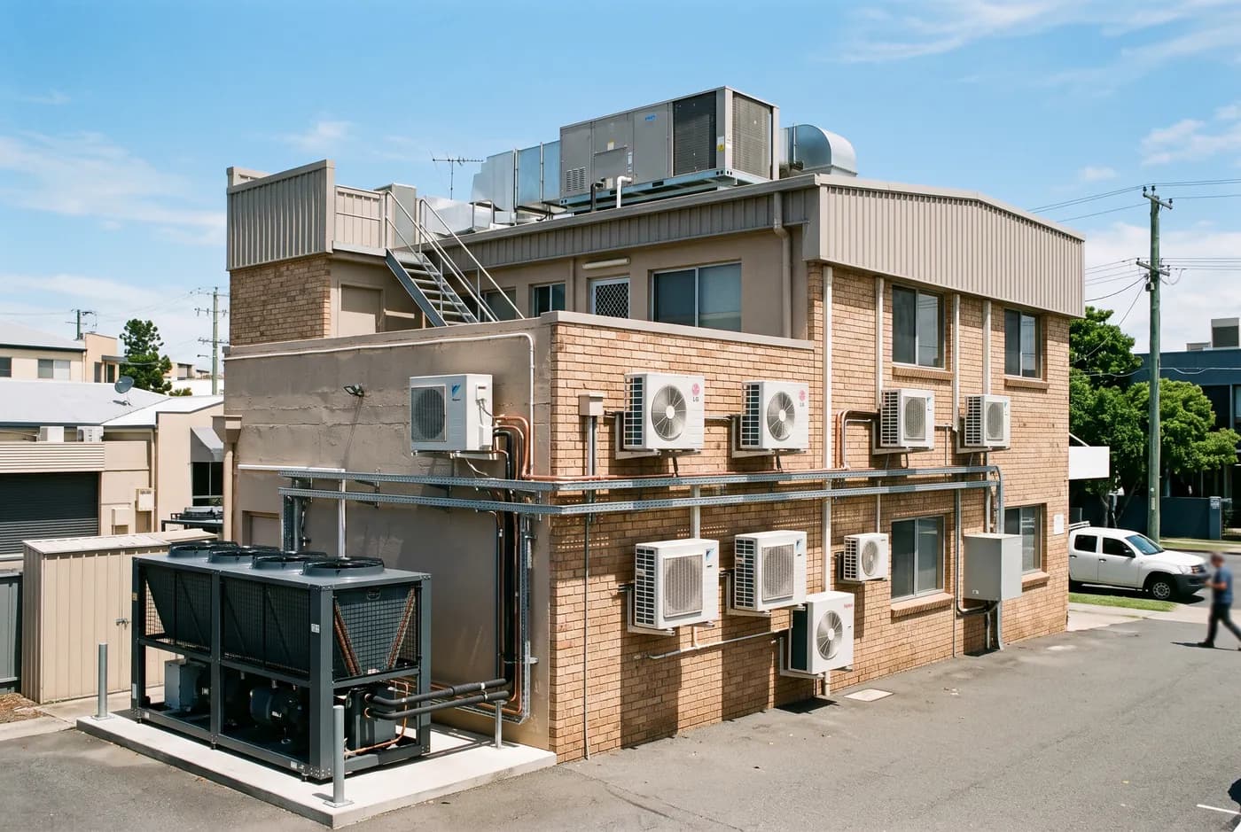 A Brisbane commercial building with wall-mounted split units, a condenser on a pad and a rooftop unit