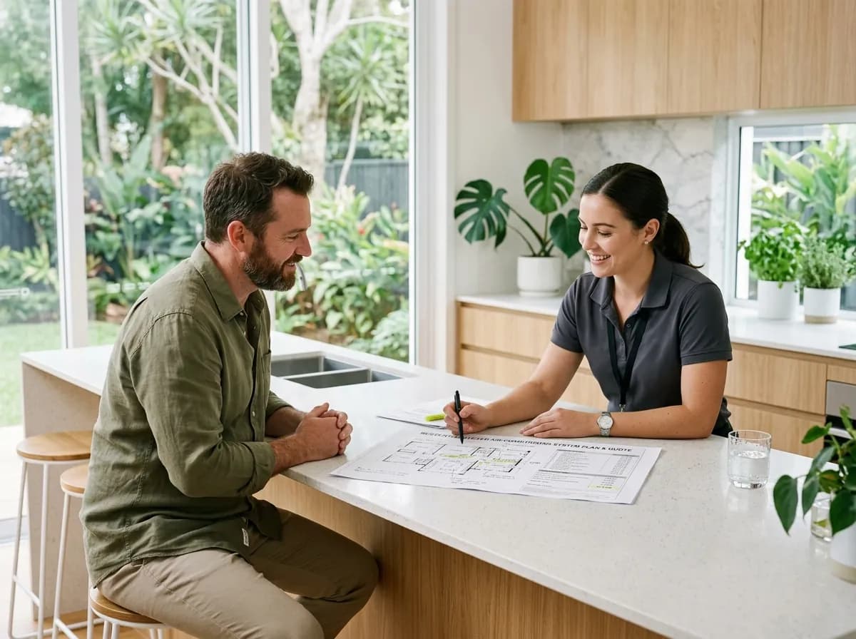 A homeowner and technician reviewing a ducted plan and quote at a kitchen bench
