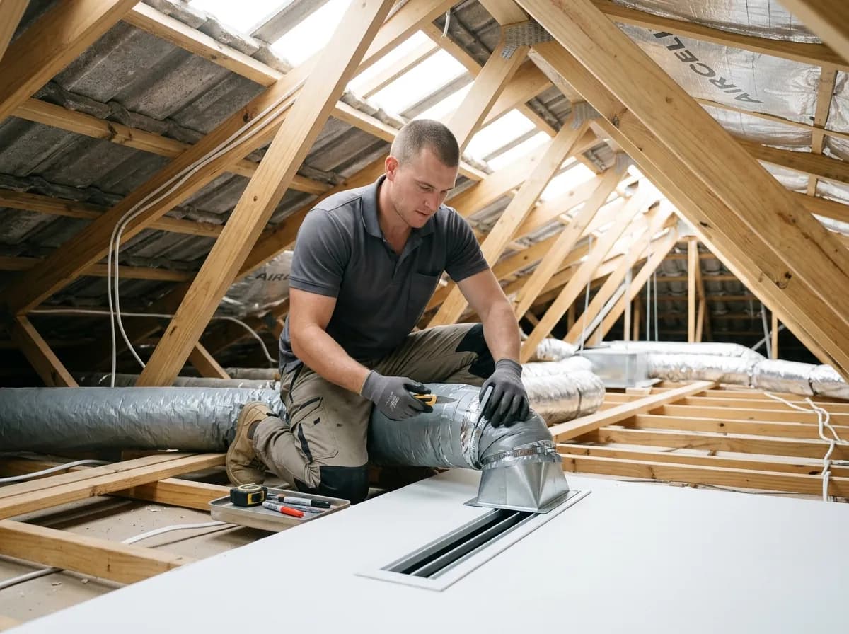 A technician installing ducted flexible ductwork and a linear vent in a roof space