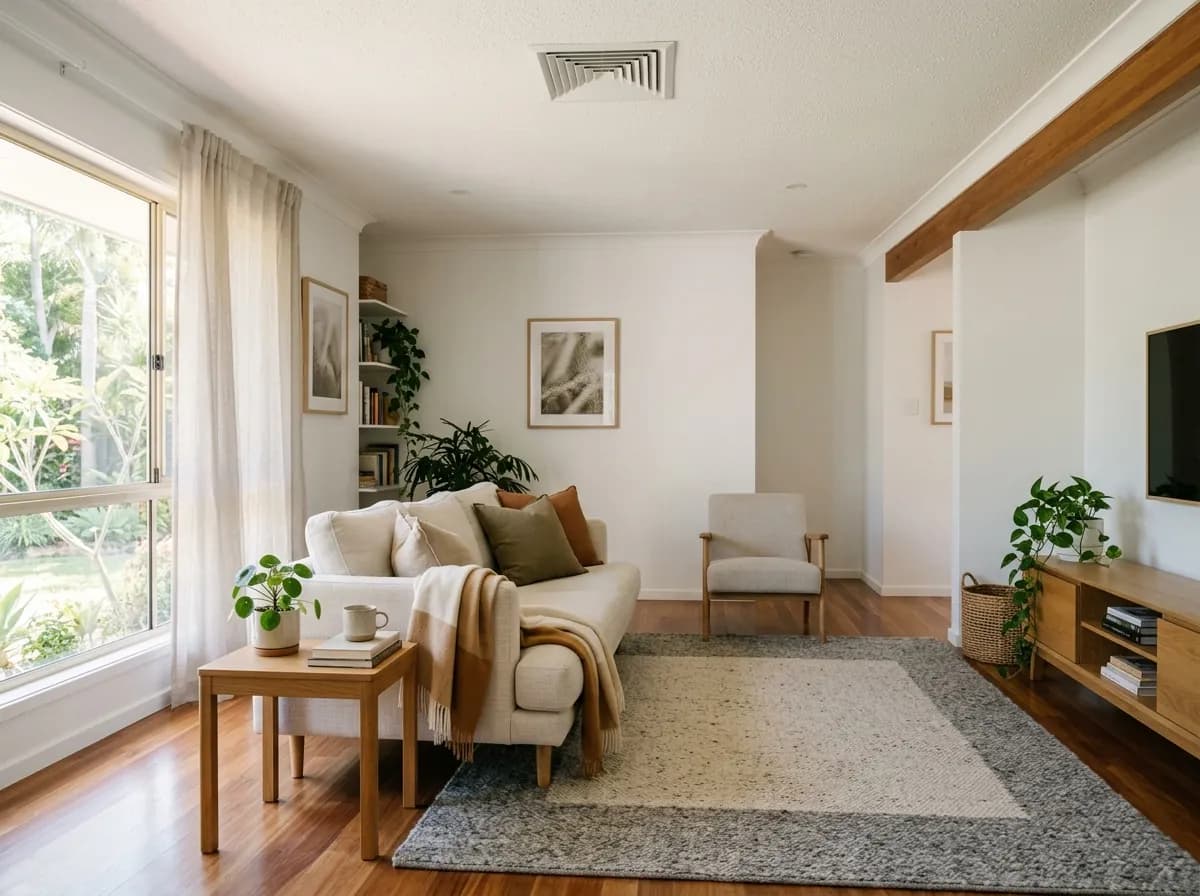 A cosy open-plan Brisbane living room with a discreet ducted ceiling vent in soft warm light