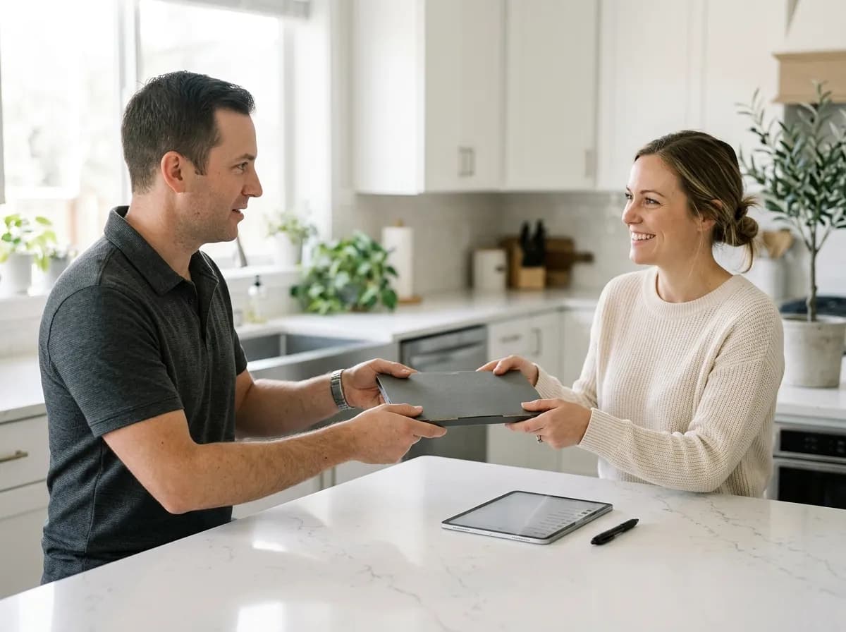 A technician handing an itemised quote to a homeowner