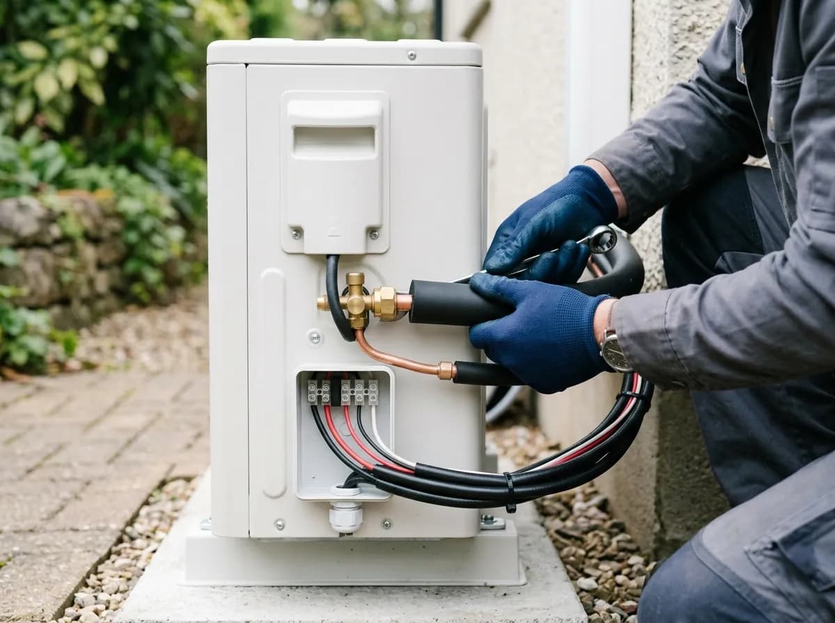 A licensed technician neatly connecting refrigerant pipework