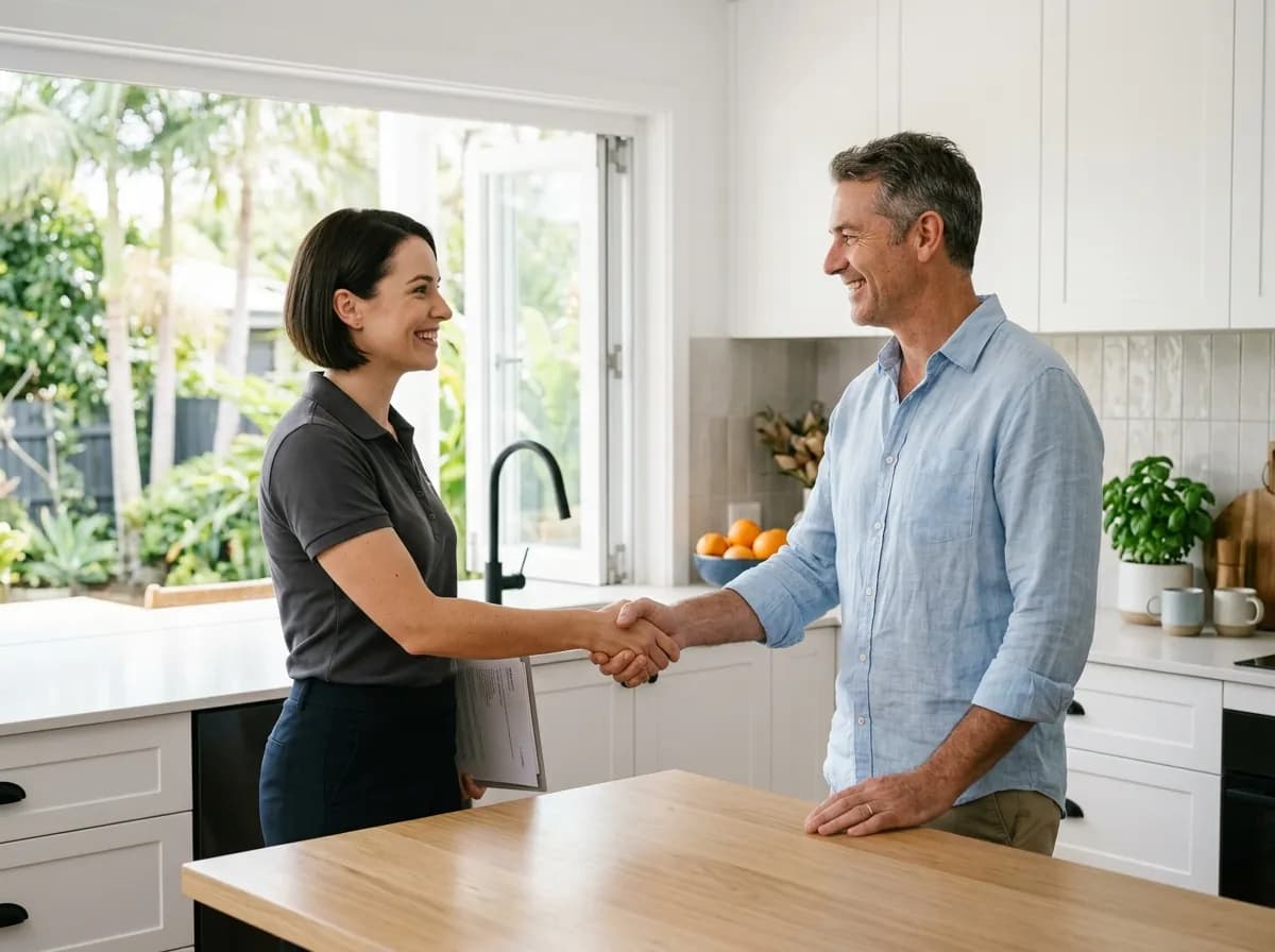 A technician and homeowner shaking hands in a Brisbane kitchen