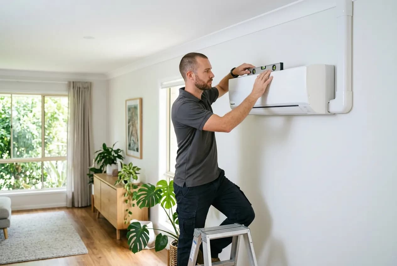 A technician levelling a wall-mounted split-system head