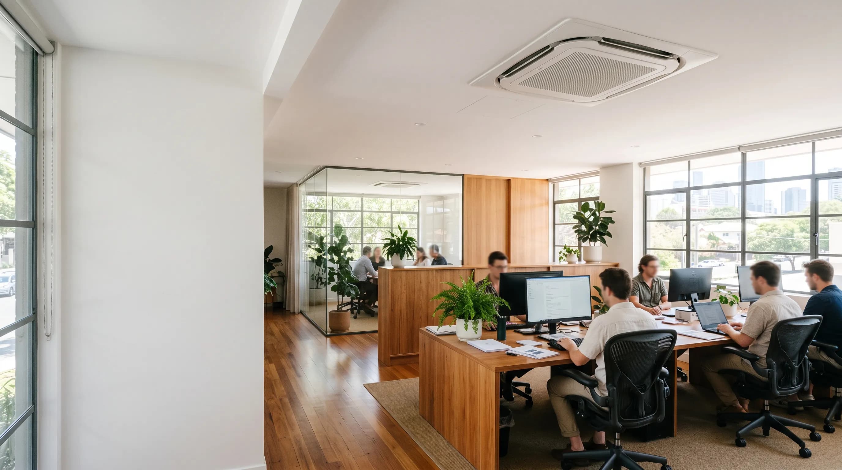 A bright Brisbane office with a ceiling cassette air conditioner
