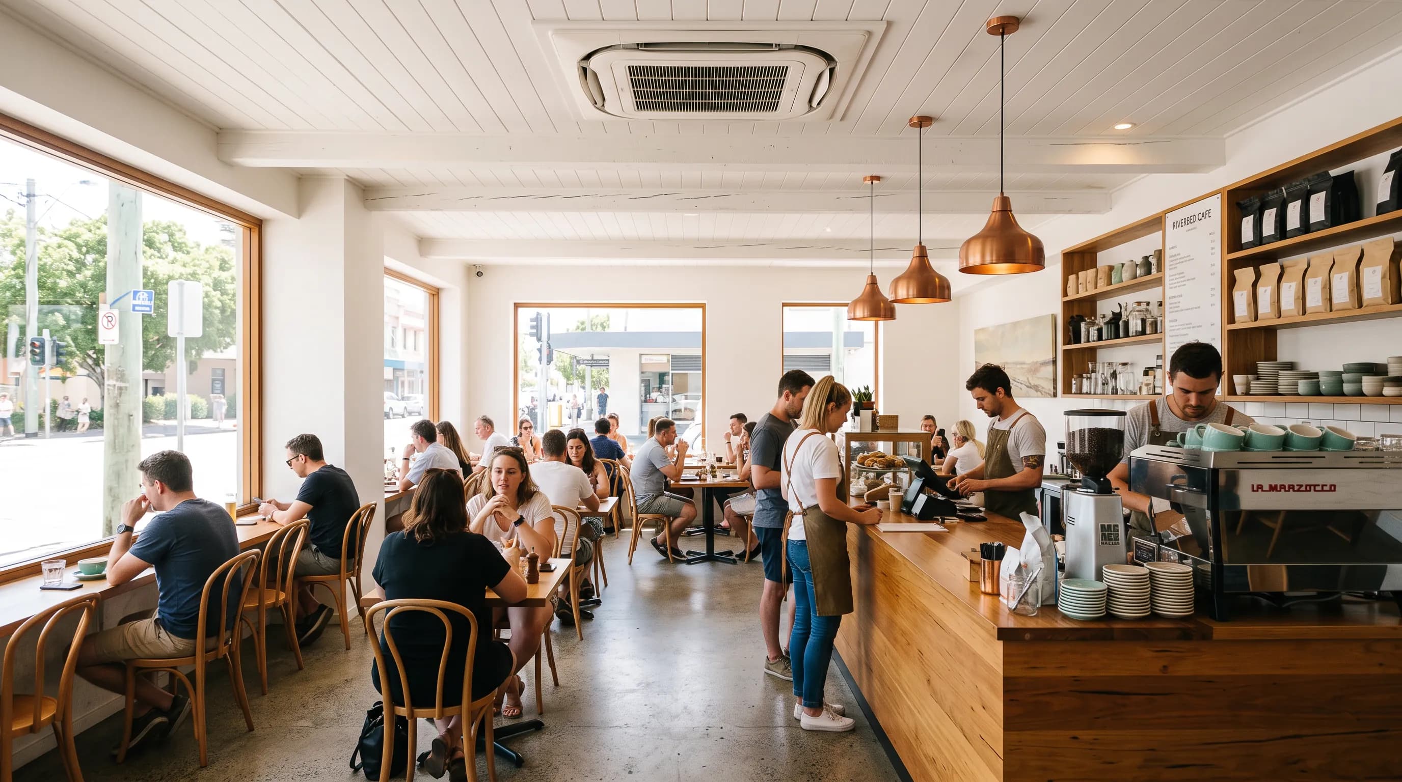 A Brisbane cafe interior with a ceiling cassette air conditioner