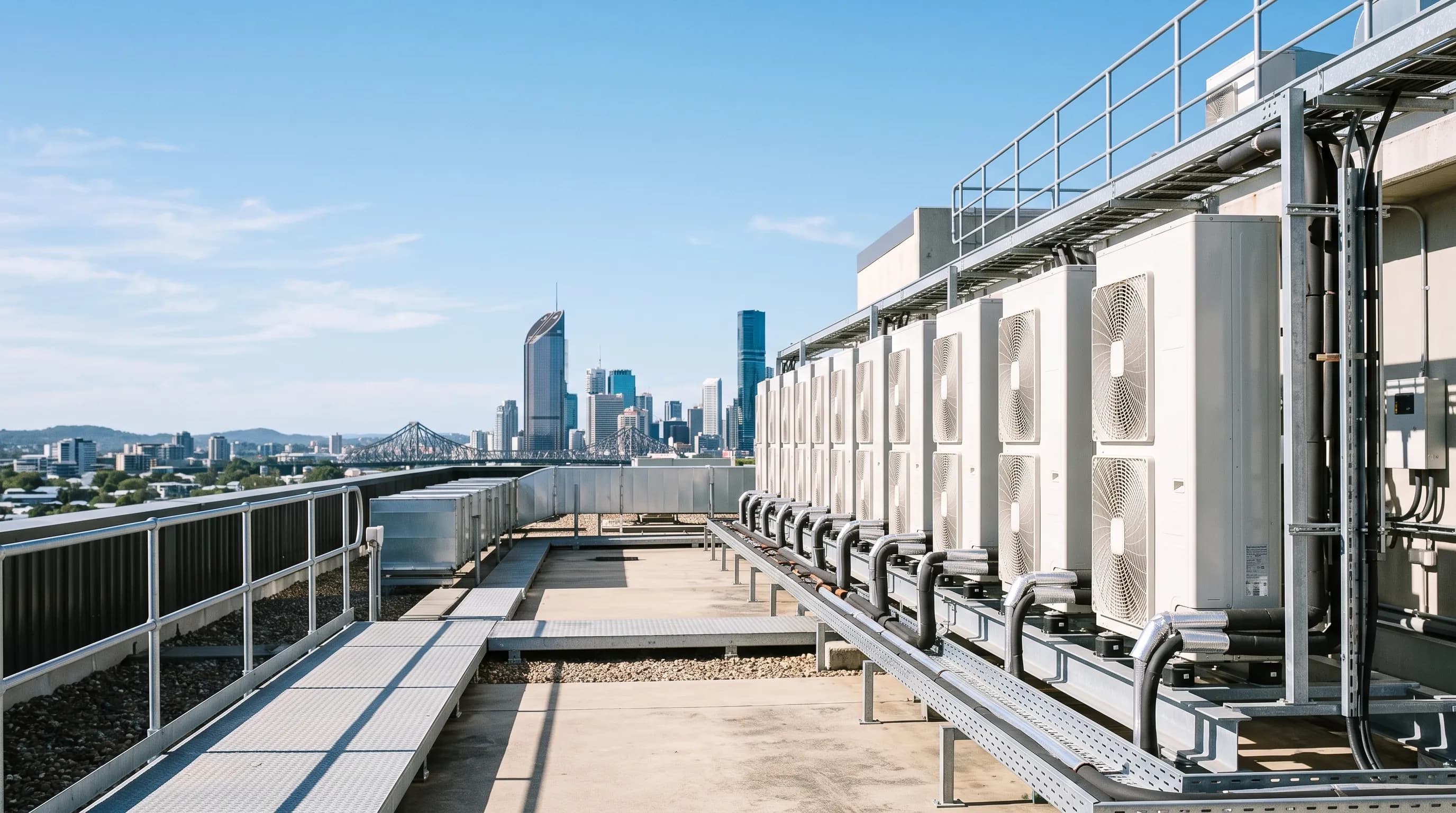 A bank of VRF outdoor units on a Brisbane commercial rooftop