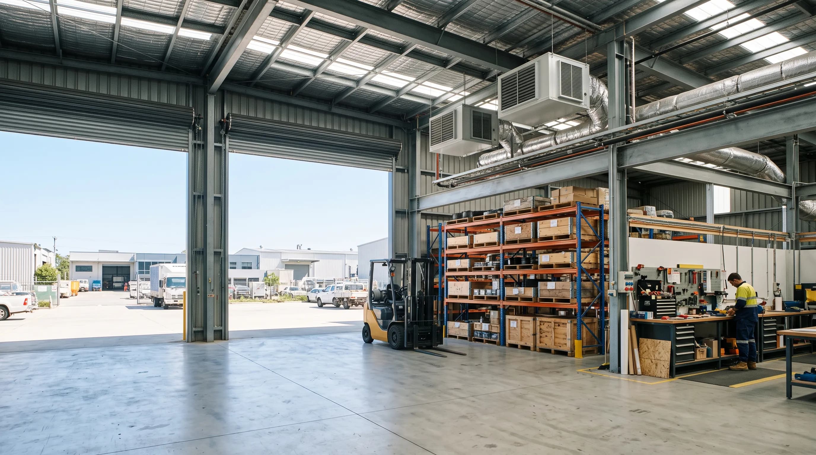 A Brisbane warehouse with ceiling-suspended air conditioning units