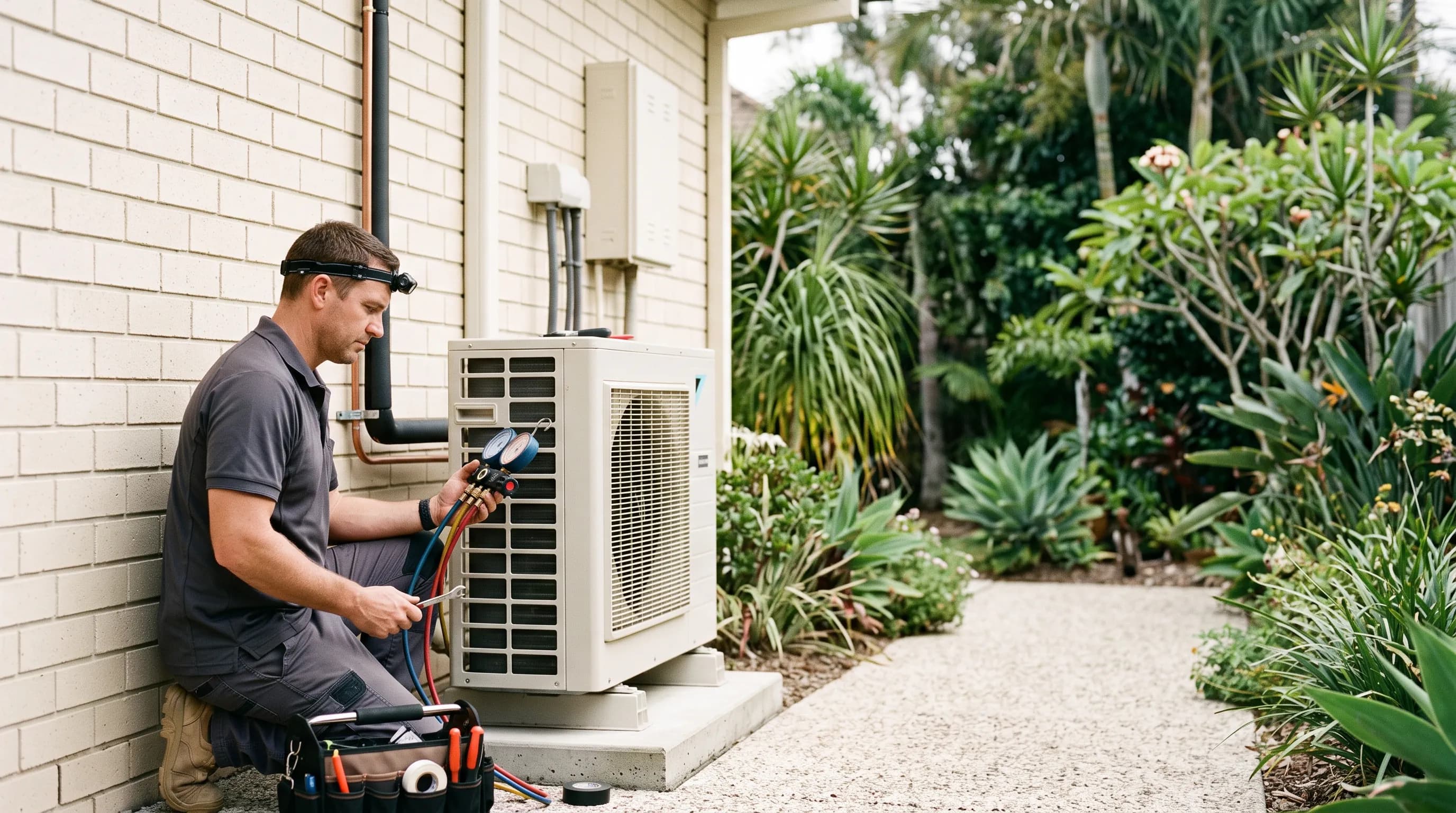 A Coola technician servicing an outdoor air-conditioning unit at a Chermside home