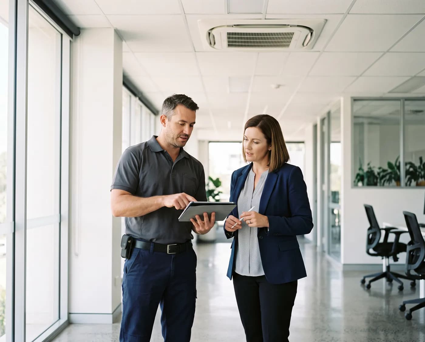 A technician walking a facility manager through a maintenance report in a Brisbane office