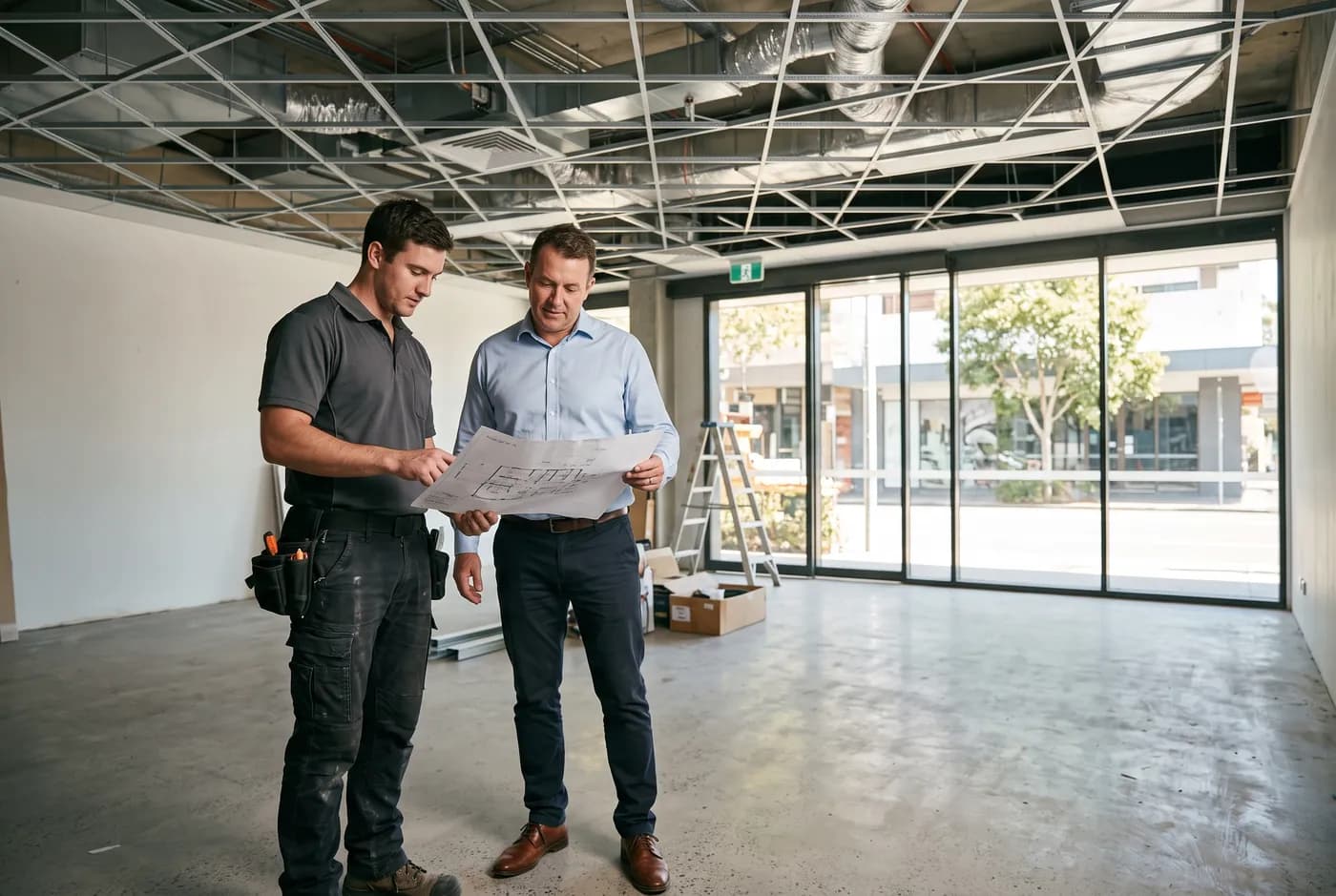 A technician and building owner reviewing a ceiling plan in a commercial fit-out