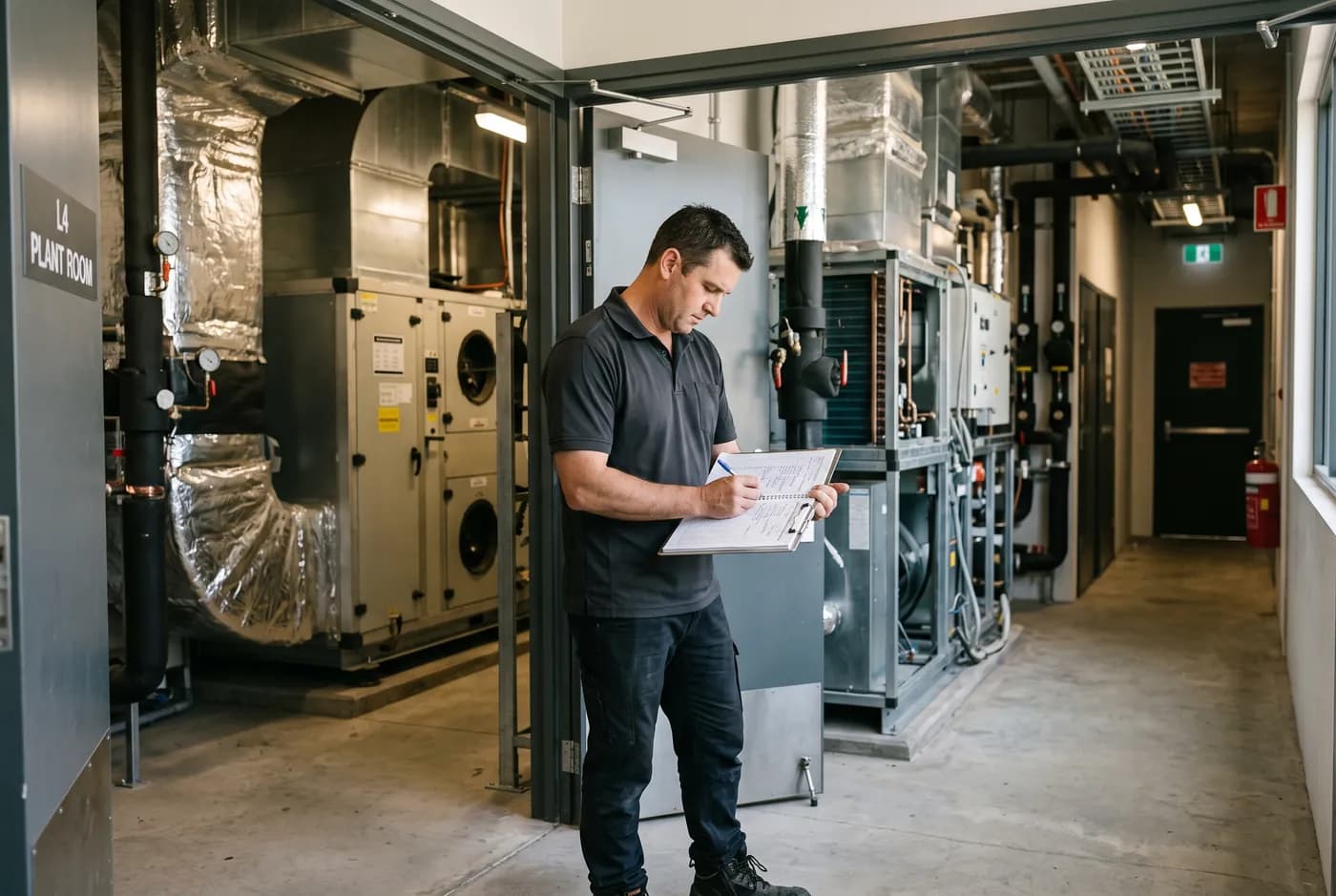 A technician recording a scheduled service in a maintenance logbook at a commercial plant room