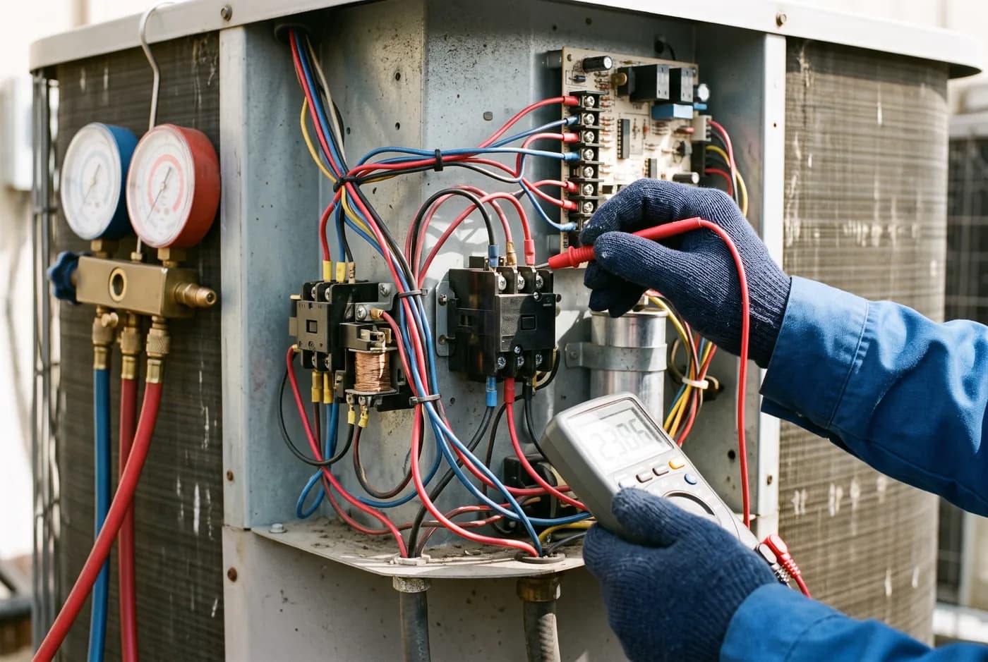 A technician testing the control board of a commercial condenser with a multimeter