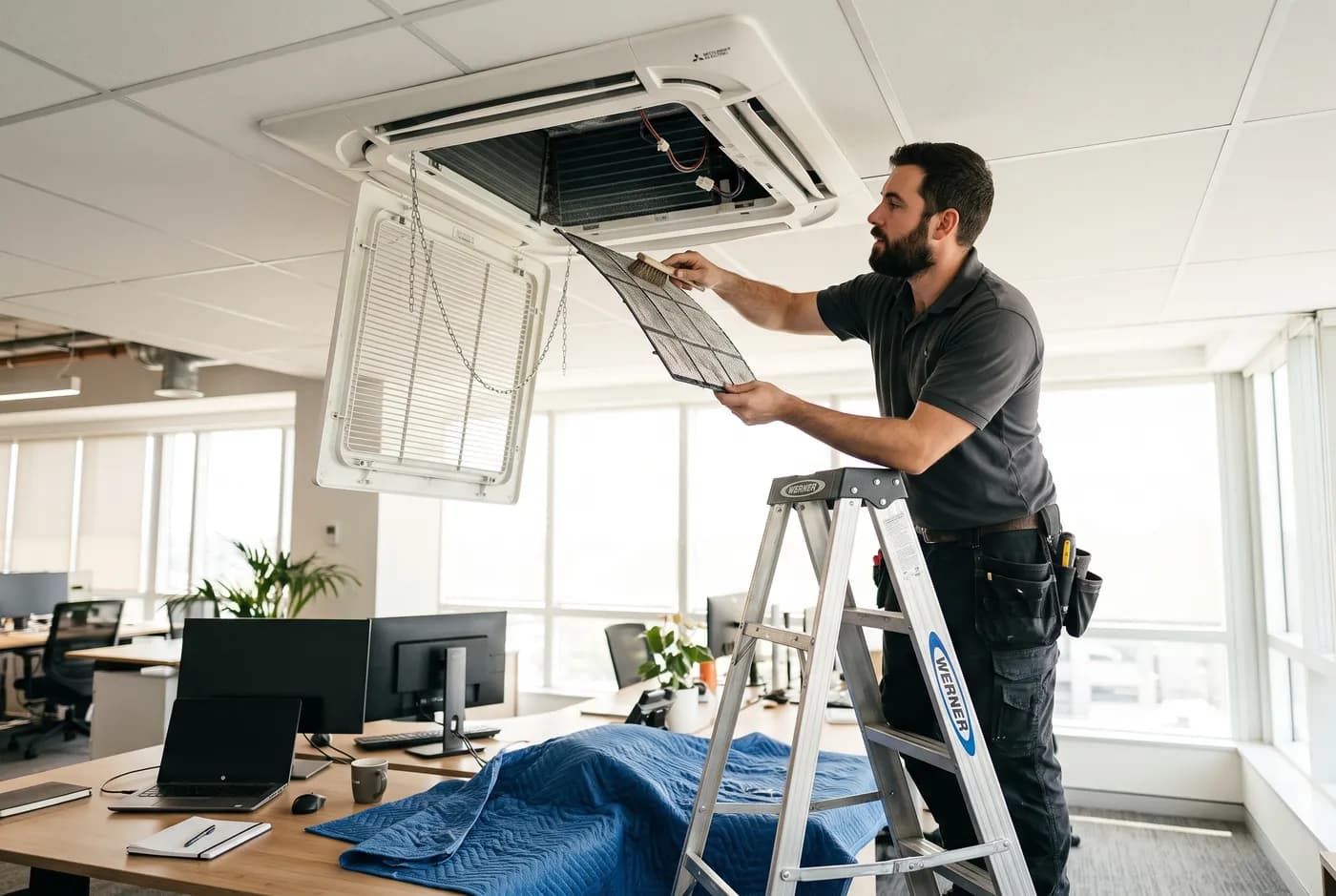 A technician cleaning the filter of a ceiling cassette air conditioner in an office