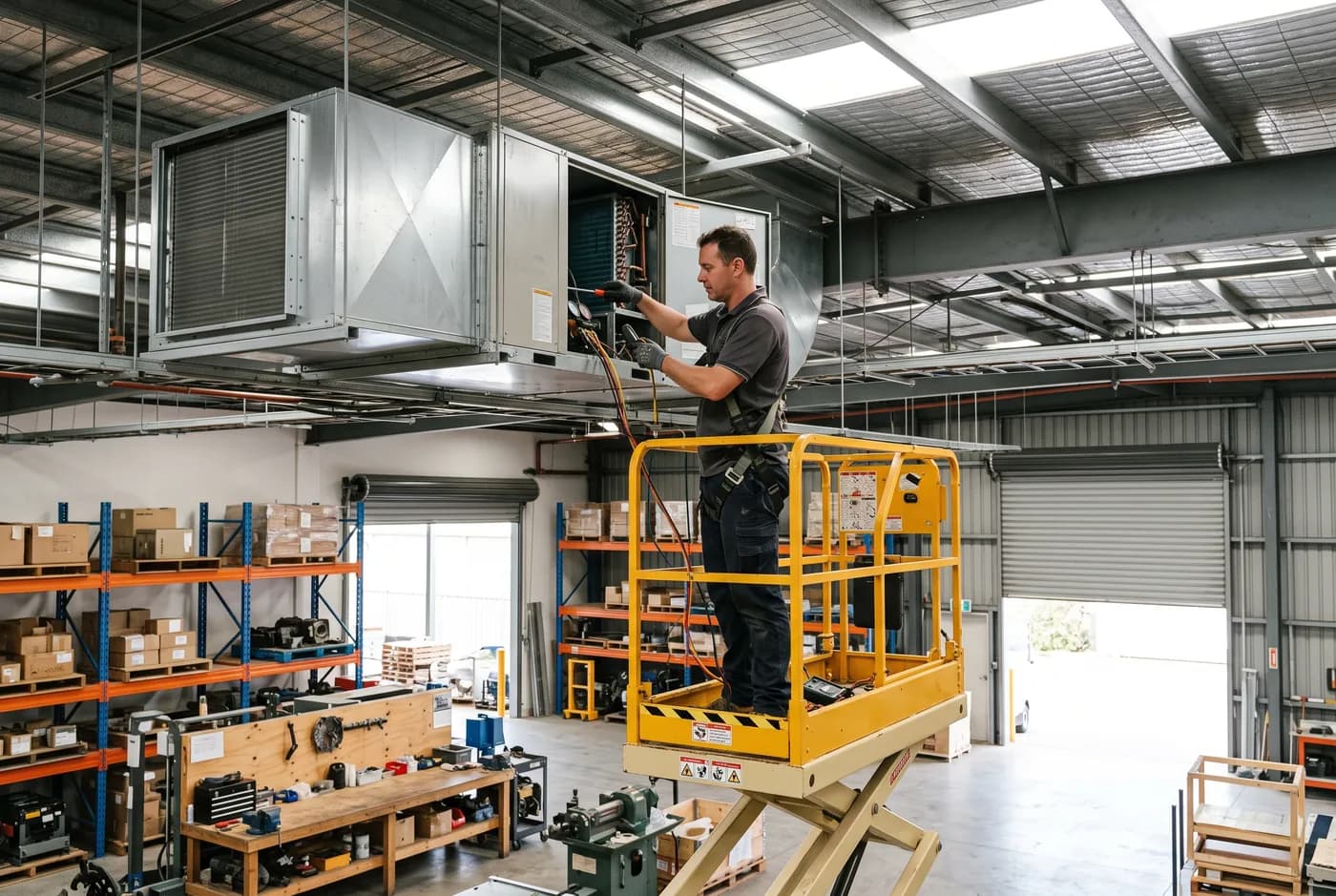 A technician on a scissor lift servicing a ceiling-suspended air conditioning unit in a warehouse