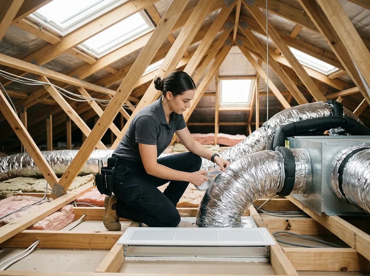 A technician servicing ducted air conditioning in a Brisbane roof space