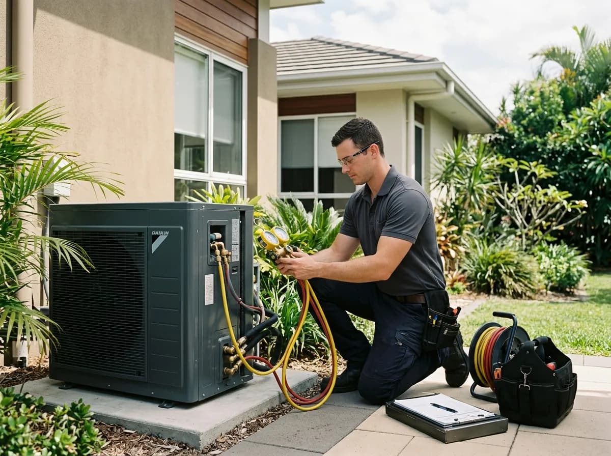A technician performing scheduled maintenance on an outdoor AC condenser