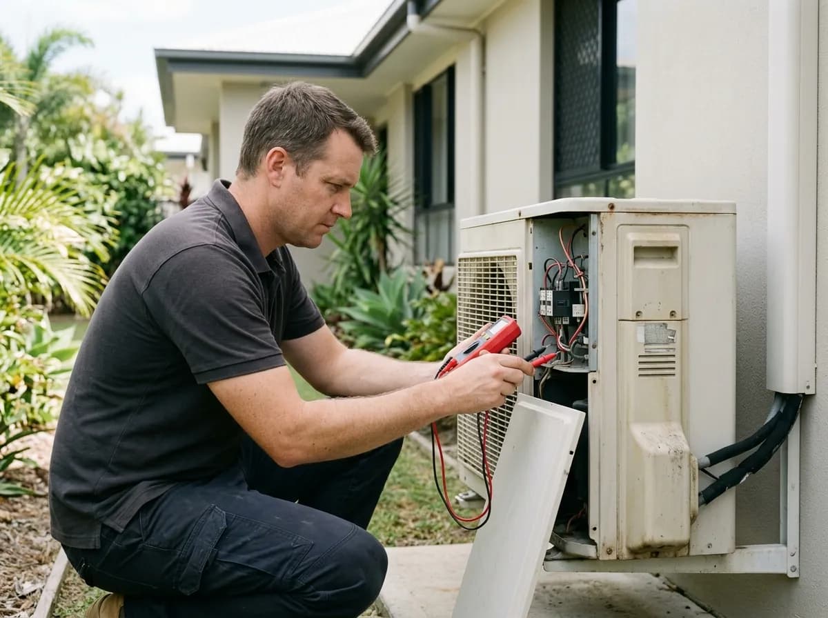 A technician diagnosing an outdoor air-conditioning condenser with a multimeter