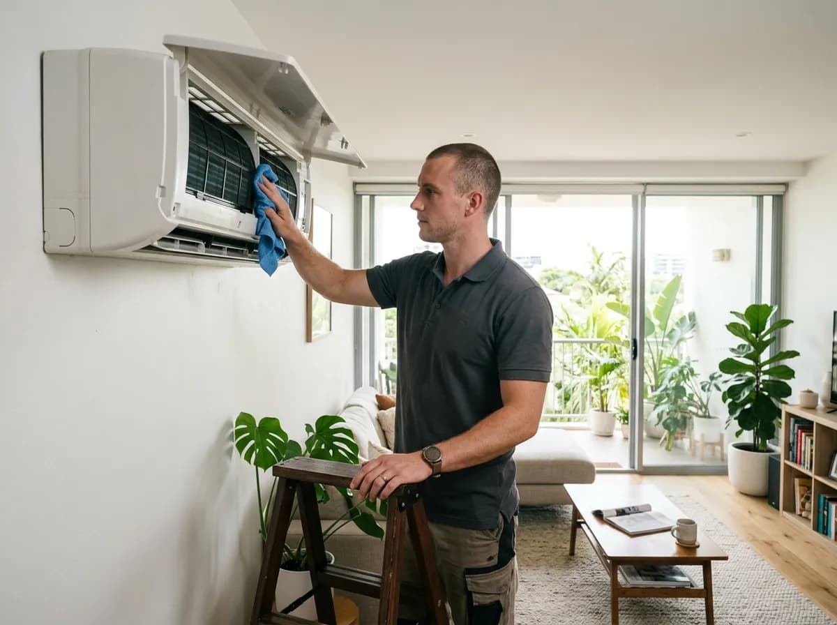 A Coola technician servicing a wall-mounted split-system head
