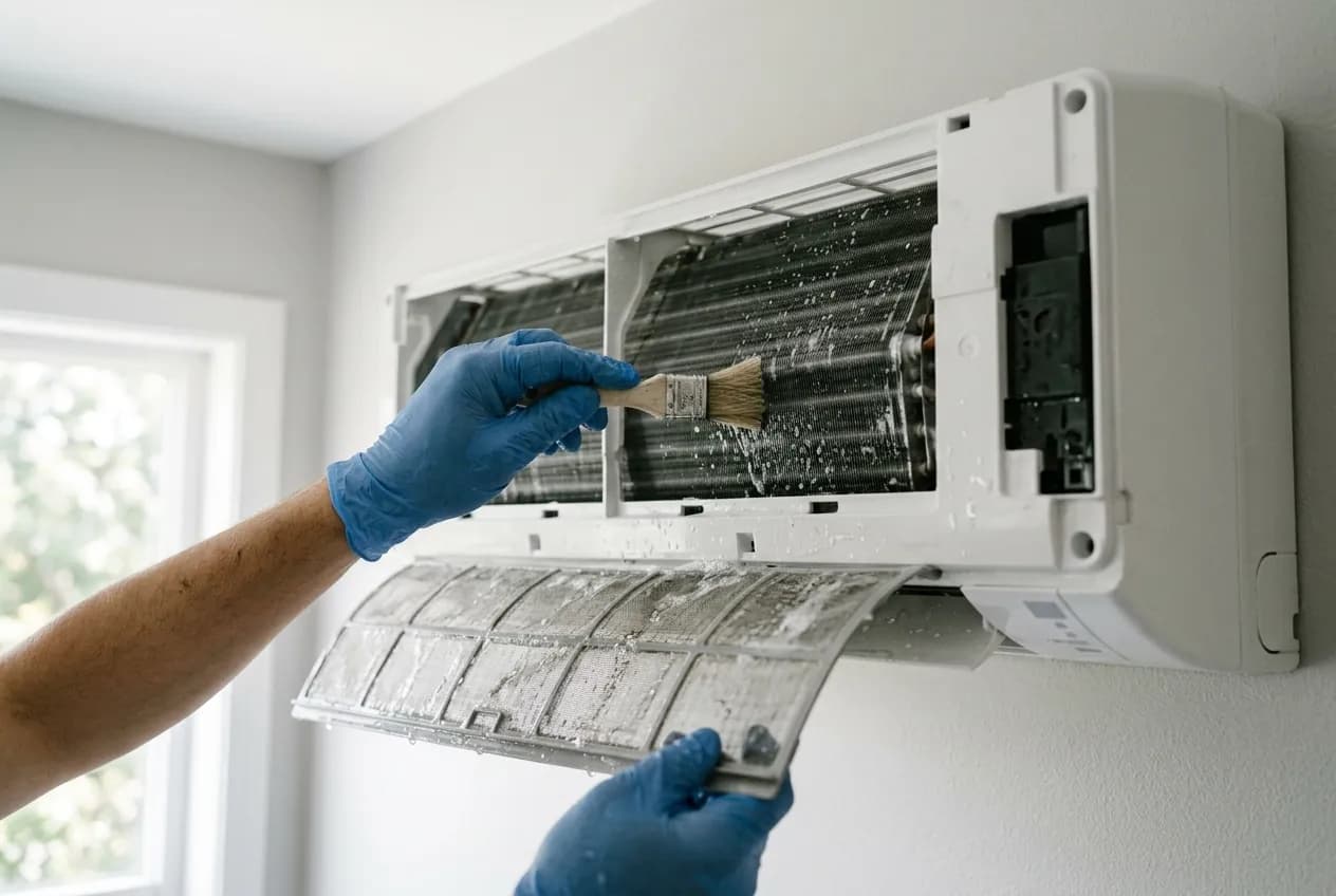 Close-up of gloved hands deep-cleaning the coil and filter of a split-system air conditioner