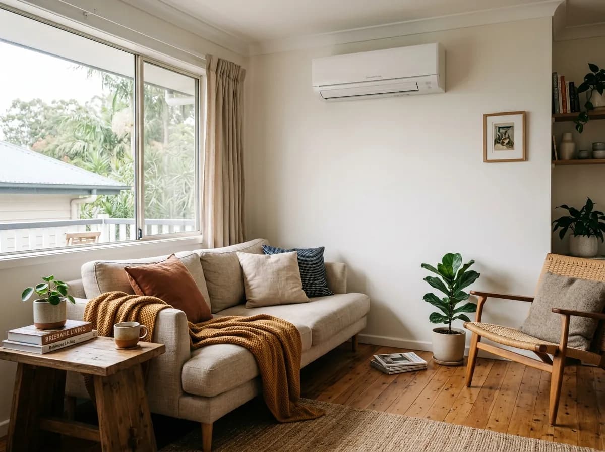 A cosy living room with a wall-mounted reverse-cycle split system in warm light