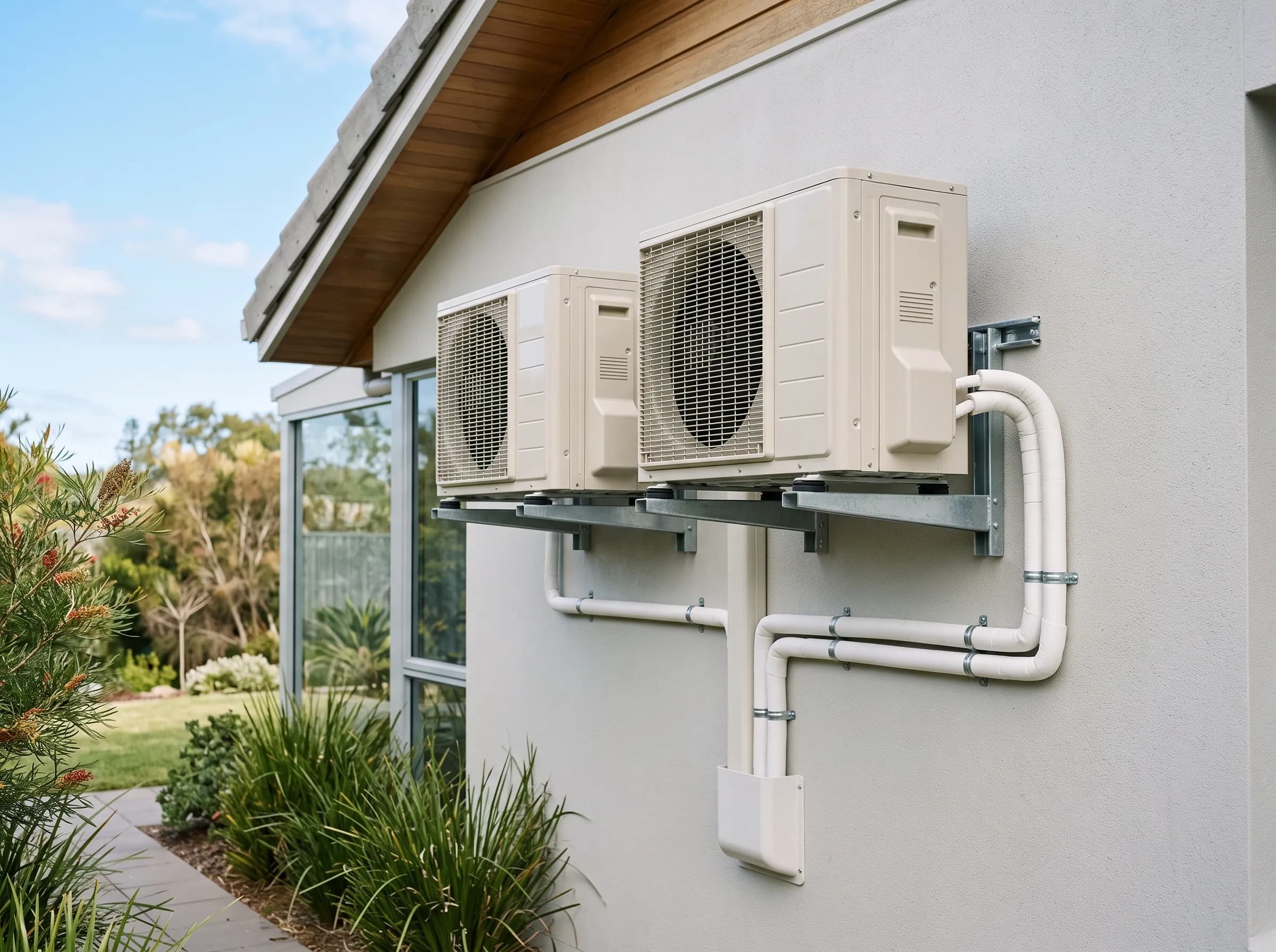 A neatly installed multi-head outdoor condenser setup on a Brisbane home exterior