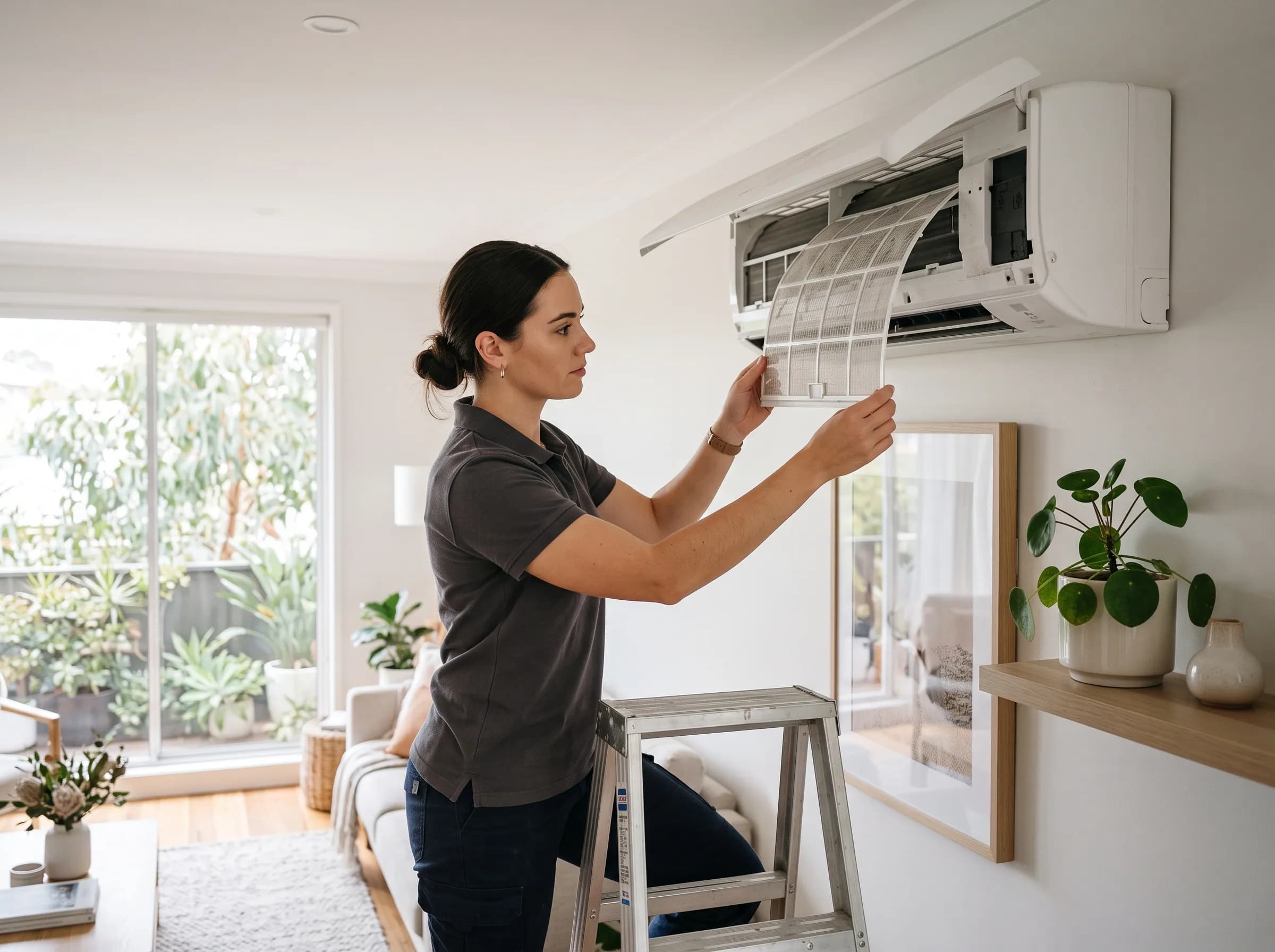 A technician cleaning the filter of a white wall-mounted split-system head